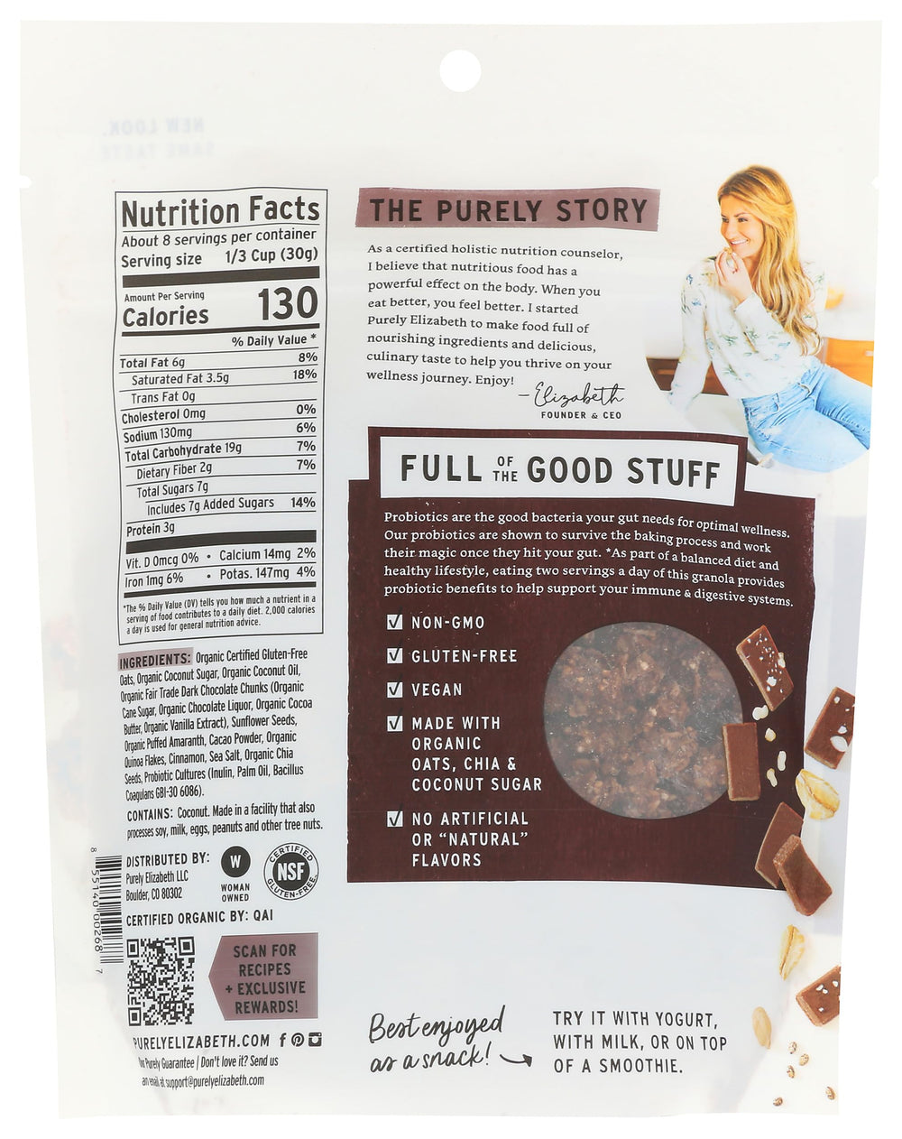 Purely Elizabeth granola chocolate chunks in a bowl, rich cacao flavor for a snack