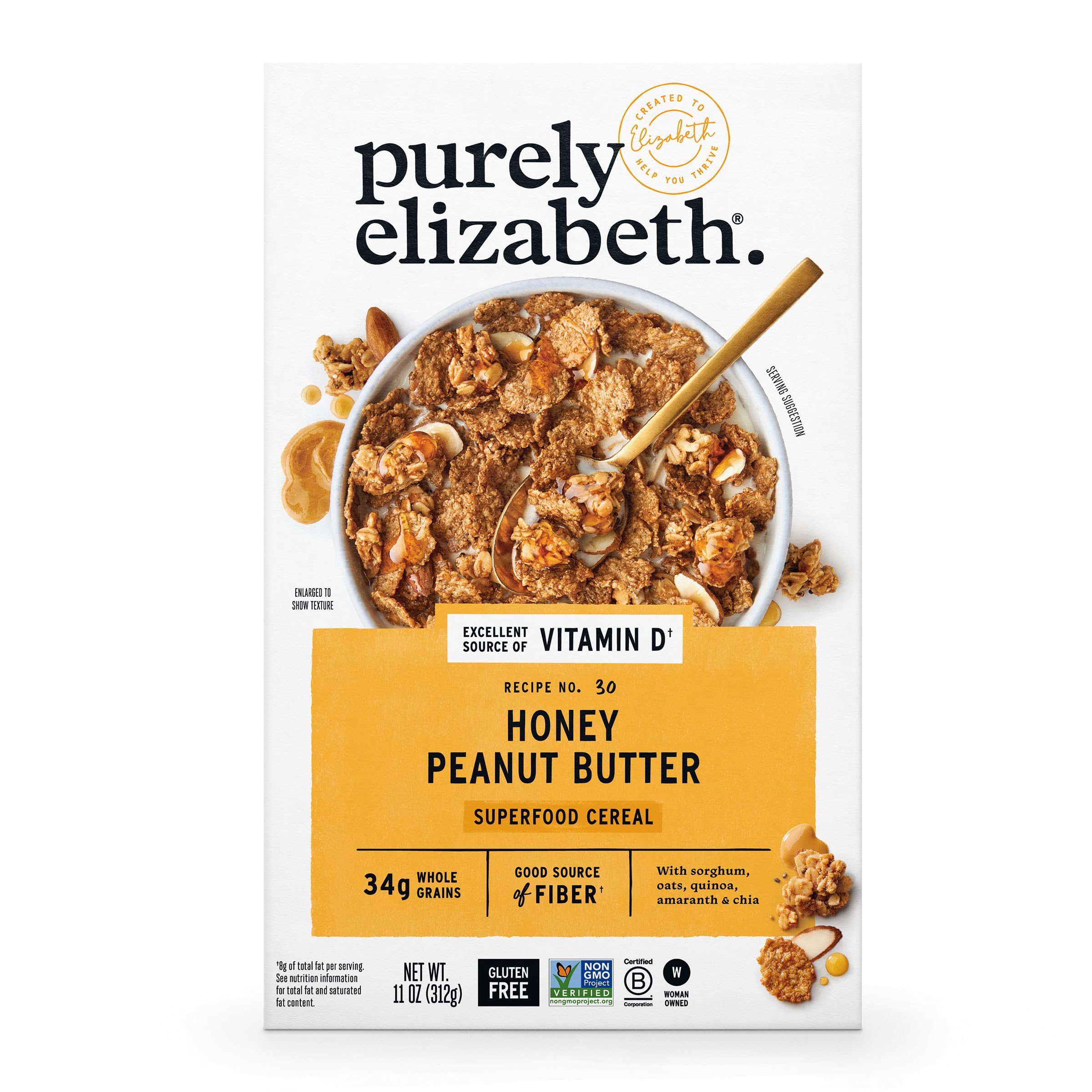 Purely Elizabeth Cereal Honey Peanut Butter jar close-up, creamy texture for toast and smoothies.