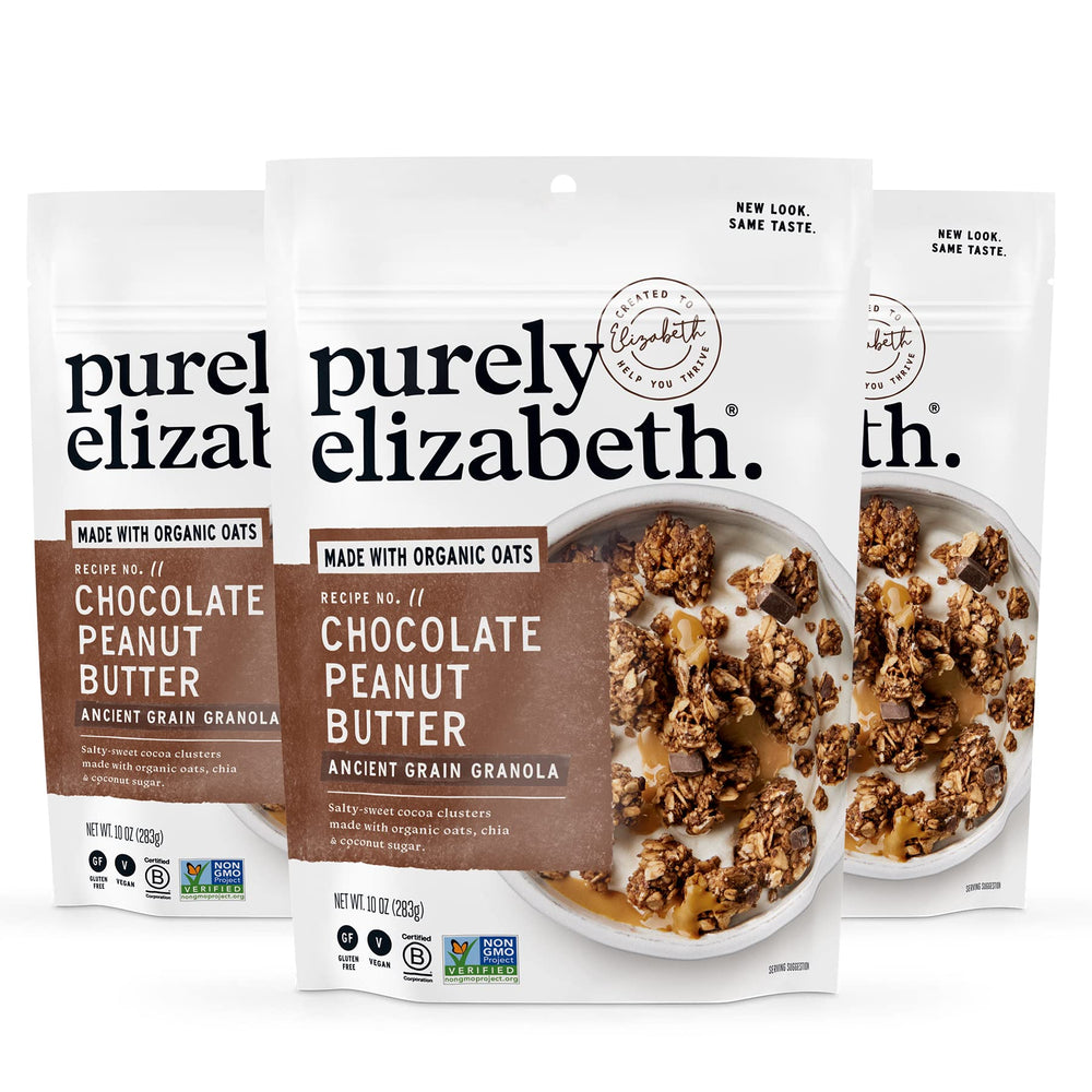 Purely Elizabeth Chocolate Peanut Butter Granola bag showing gluten-free, vegan crunch.