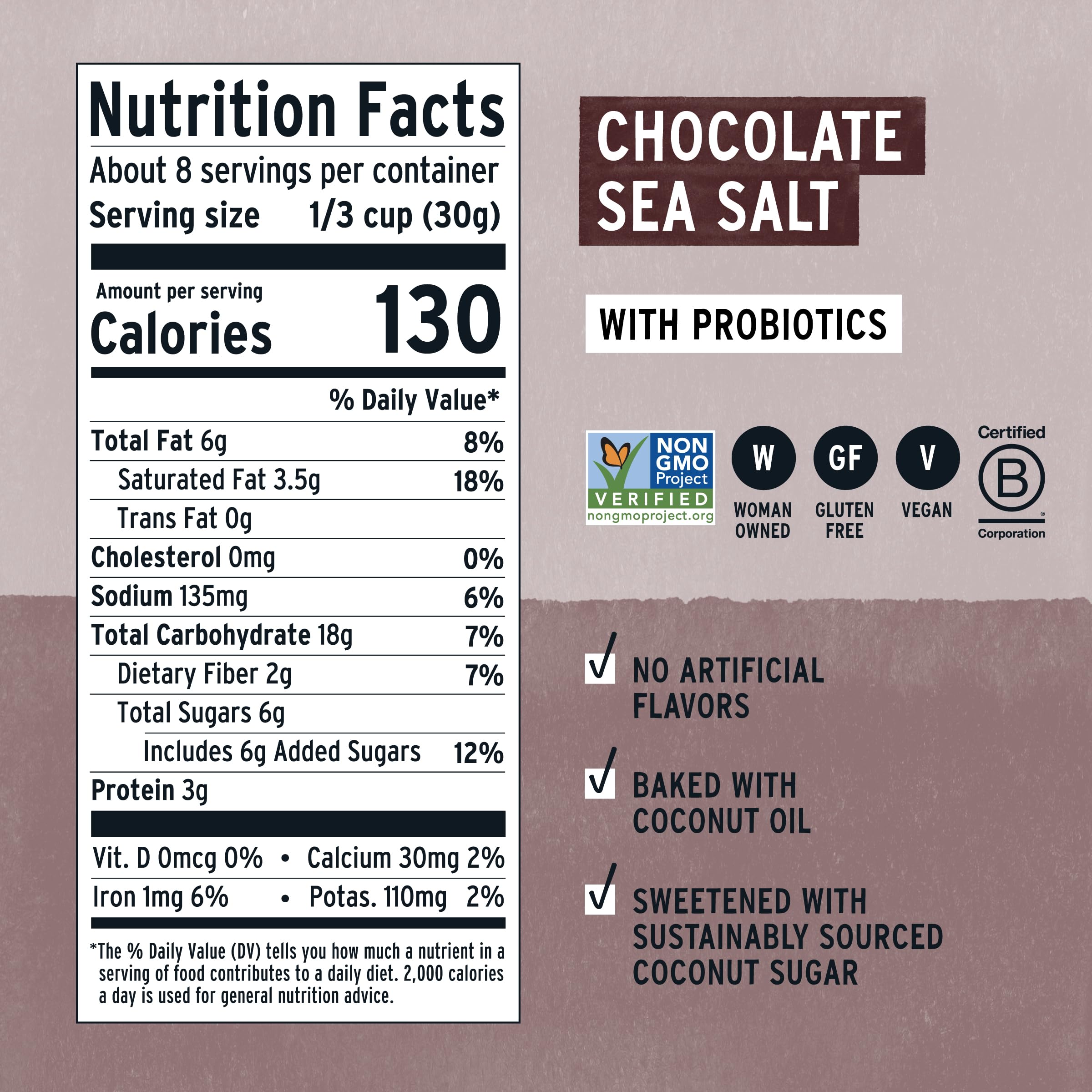 Purely Elizabeth Chocolate Sea Salt Ancient Grain Granola clusters.