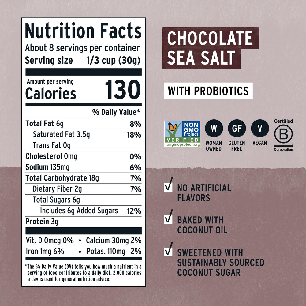 Purely Elizabeth Chocolate Sea Salt Ancient Grain Granola clusters.