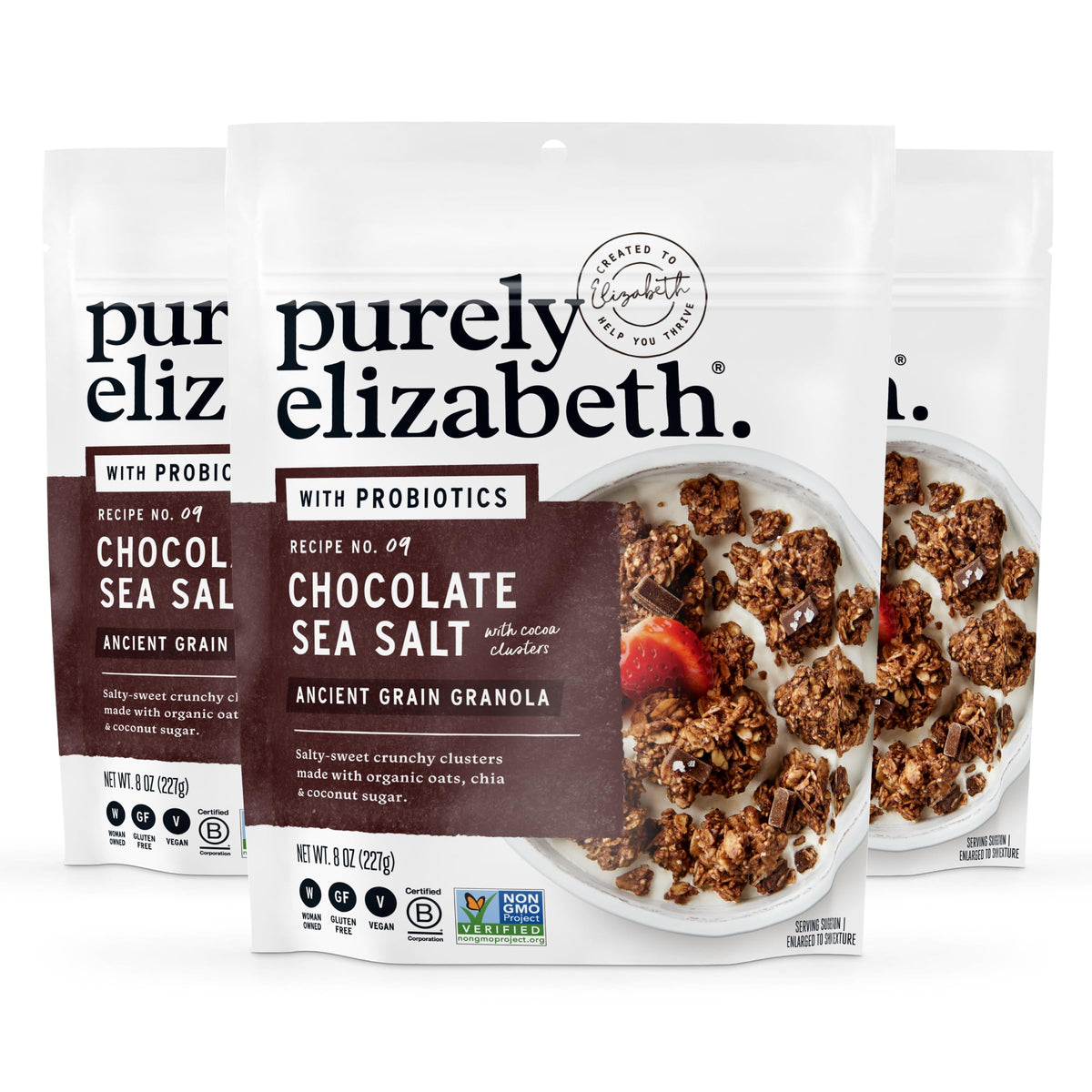 Purely Elizabeth Chocolate Sea Salt Ancient Grain Granola pack of 3, gluten-free and vegan.