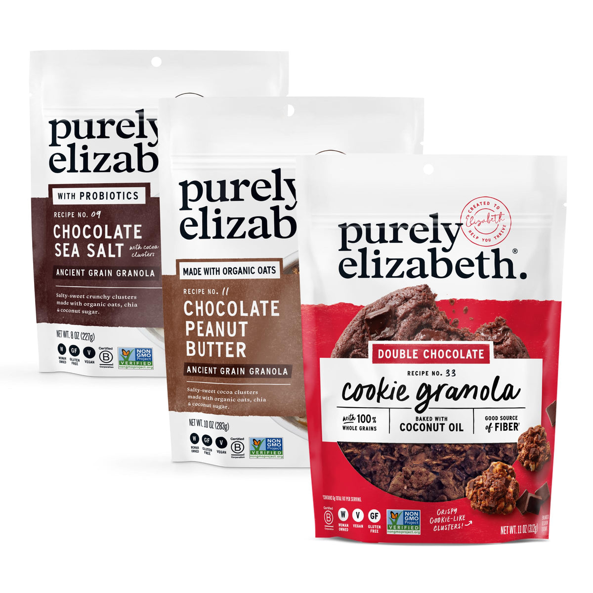 Purely Elizabeth Chocolate Sea Salt Granola 8 oz bag shows crisp clusters for quick snacking