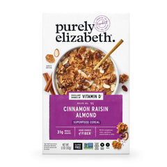Purely Elizabeth Cinnamon Raisin Almond cereal in a bowl for a balanced breakfast.