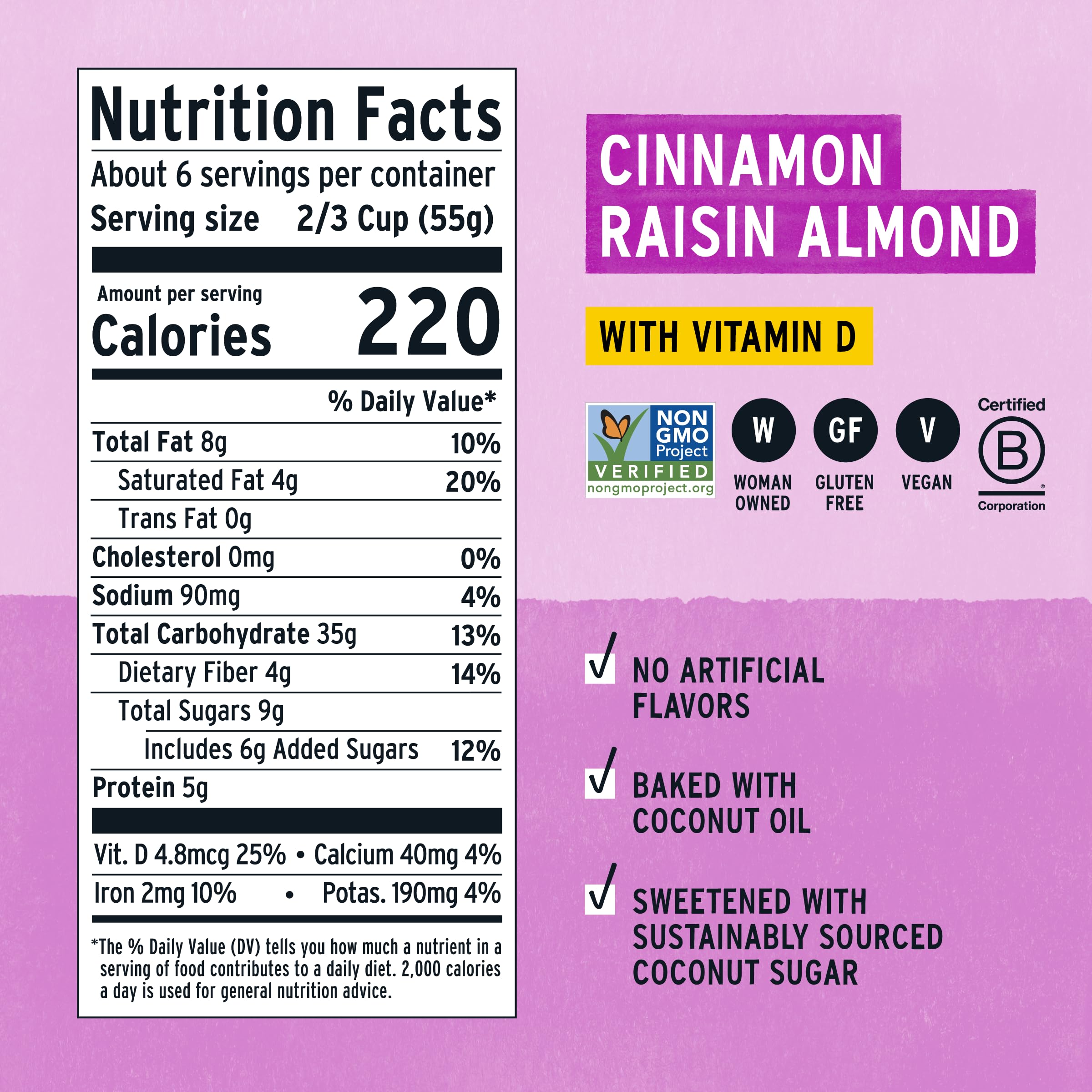 Purely Elizabeth Cinnamon Raisin Almond cereal packaging highlighting vegan and gluten-free ingredients.
