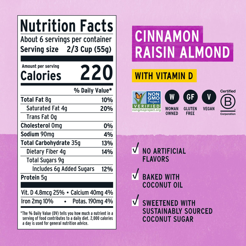 Purely Elizabeth Cinnamon Raisin Almond cereal packaging highlighting vegan and gluten-free ingredients.