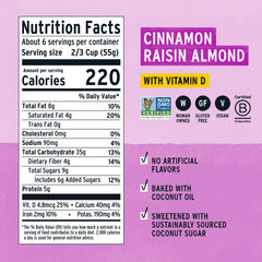 Purely Elizabeth Cinnamon Raisin Almond cereal packaging highlighting vegan and gluten-free ingredients.