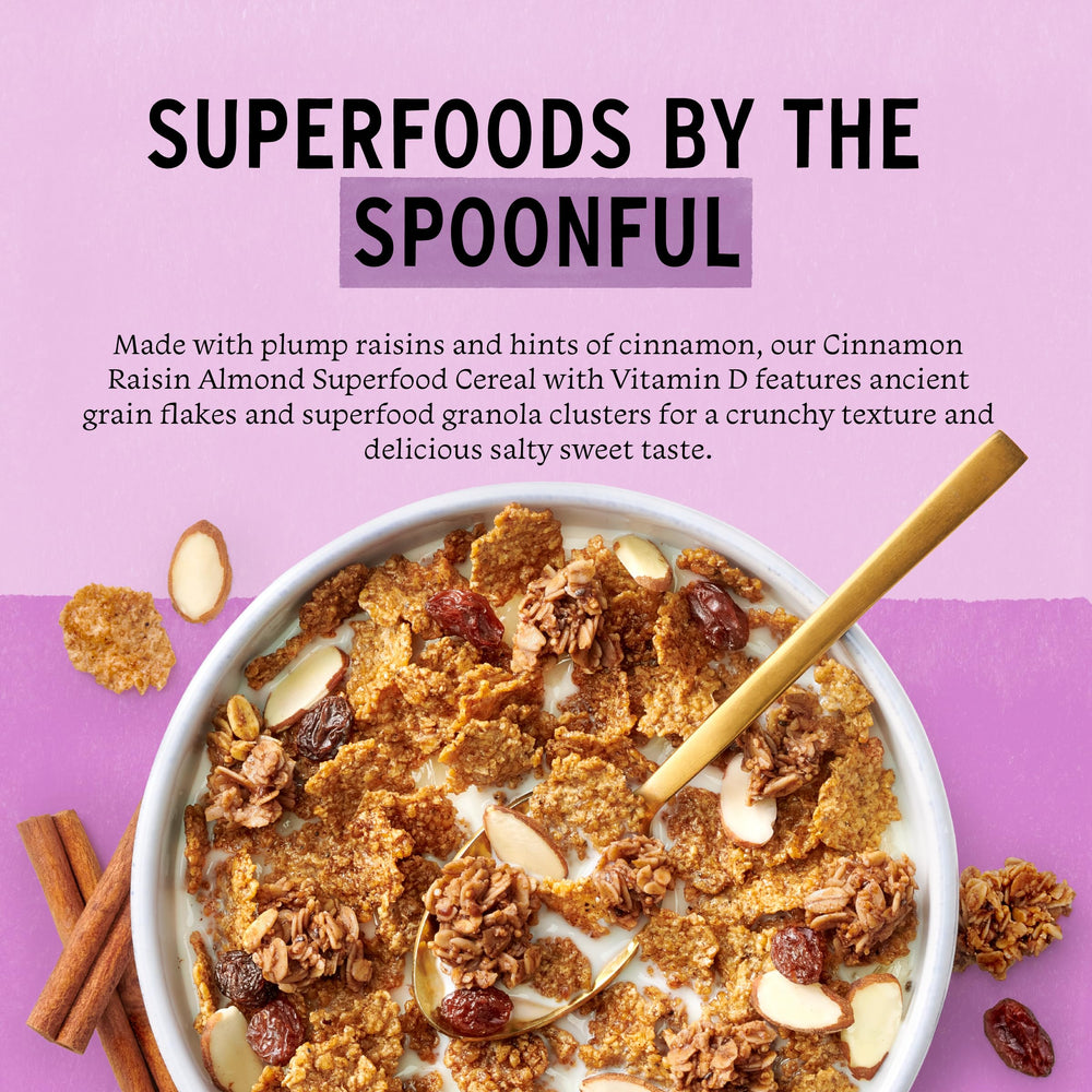 Close-up of raisins and ancient grains in Purely Elizabeth cereal for a wholesome start.