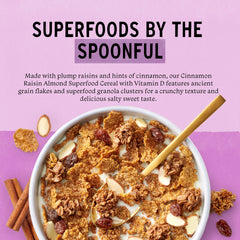 Close-up of raisins and ancient grains in Purely Elizabeth cereal for a wholesome start.