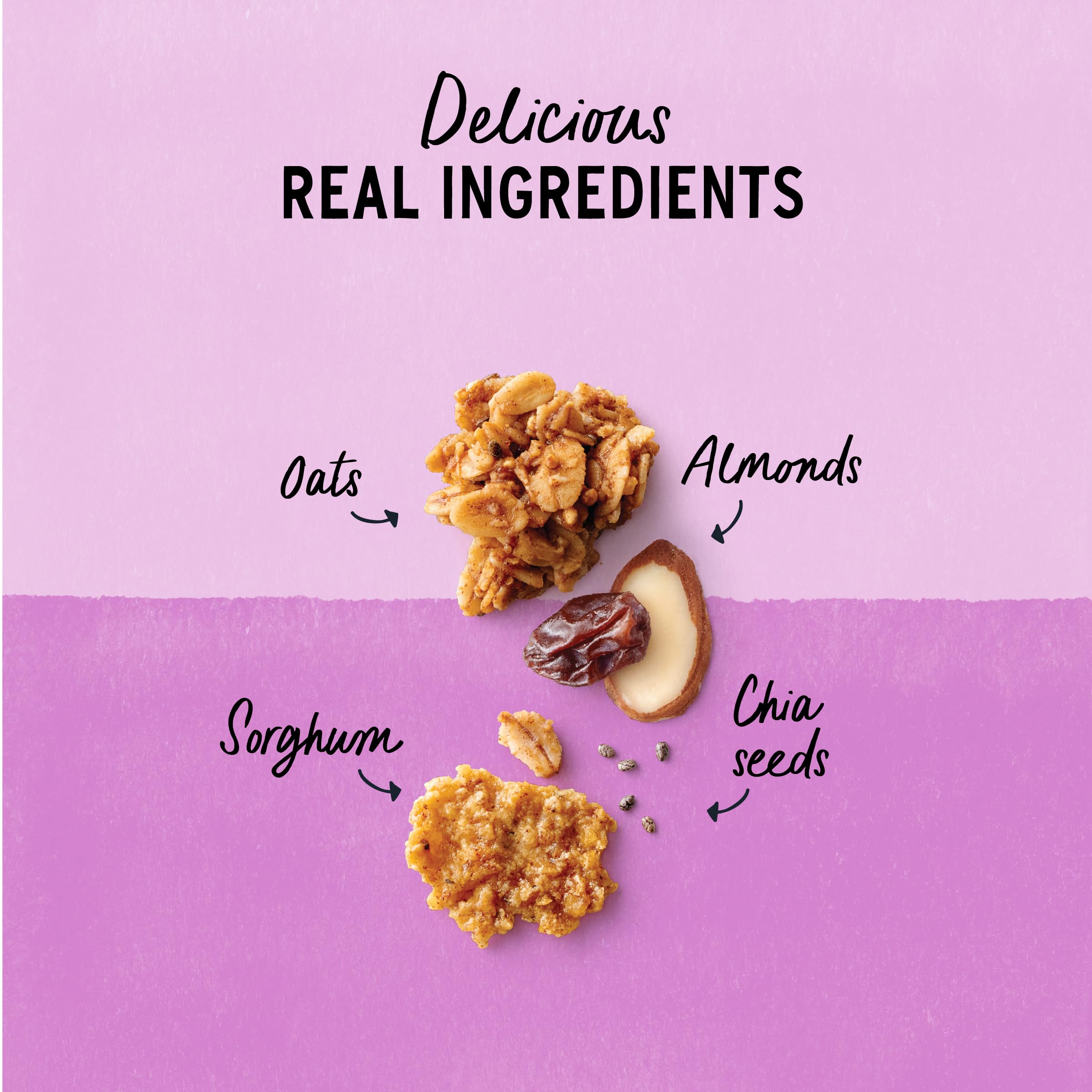 Six-grain blend and clusters visible in Purely Elizabeth cereal for a crunchy breakfast.