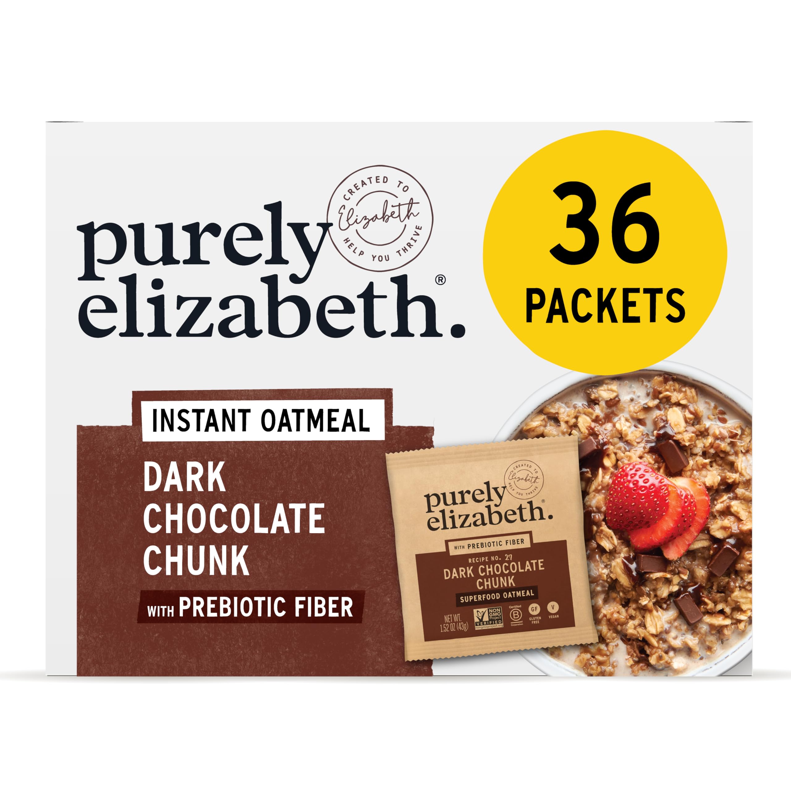 Purely Elizabeth Classic Cinnamon Superfood Oatmeal packaging highlighting gluten-free, non-GMO claims.