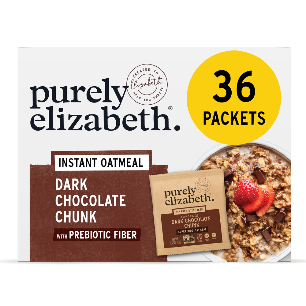Purely Elizabeth Classic Cinnamon Superfood Oatmeal packaging highlighting gluten-free, non-GMO claims.