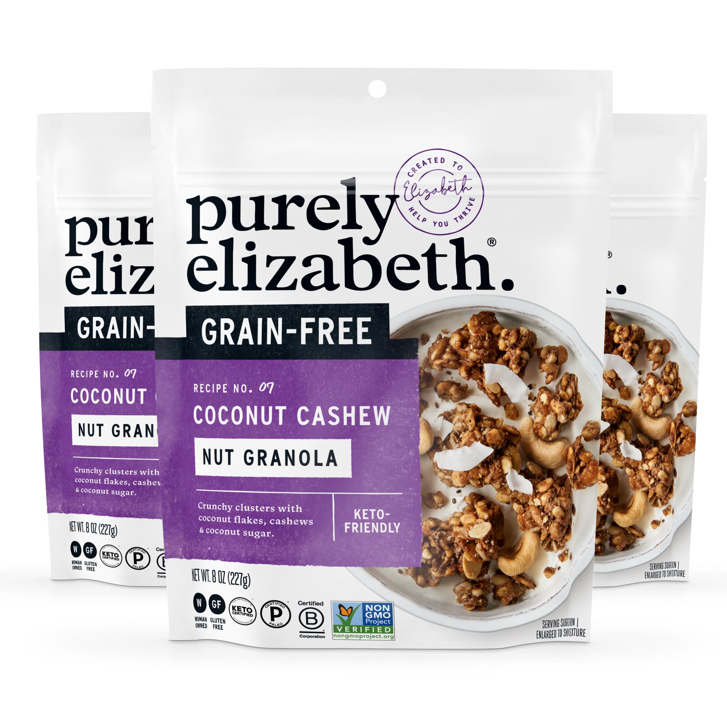 Purely Elizabeth Coconut Cashew Keto Granola bag close-up, grain-free clusters ideal for keto snacking.