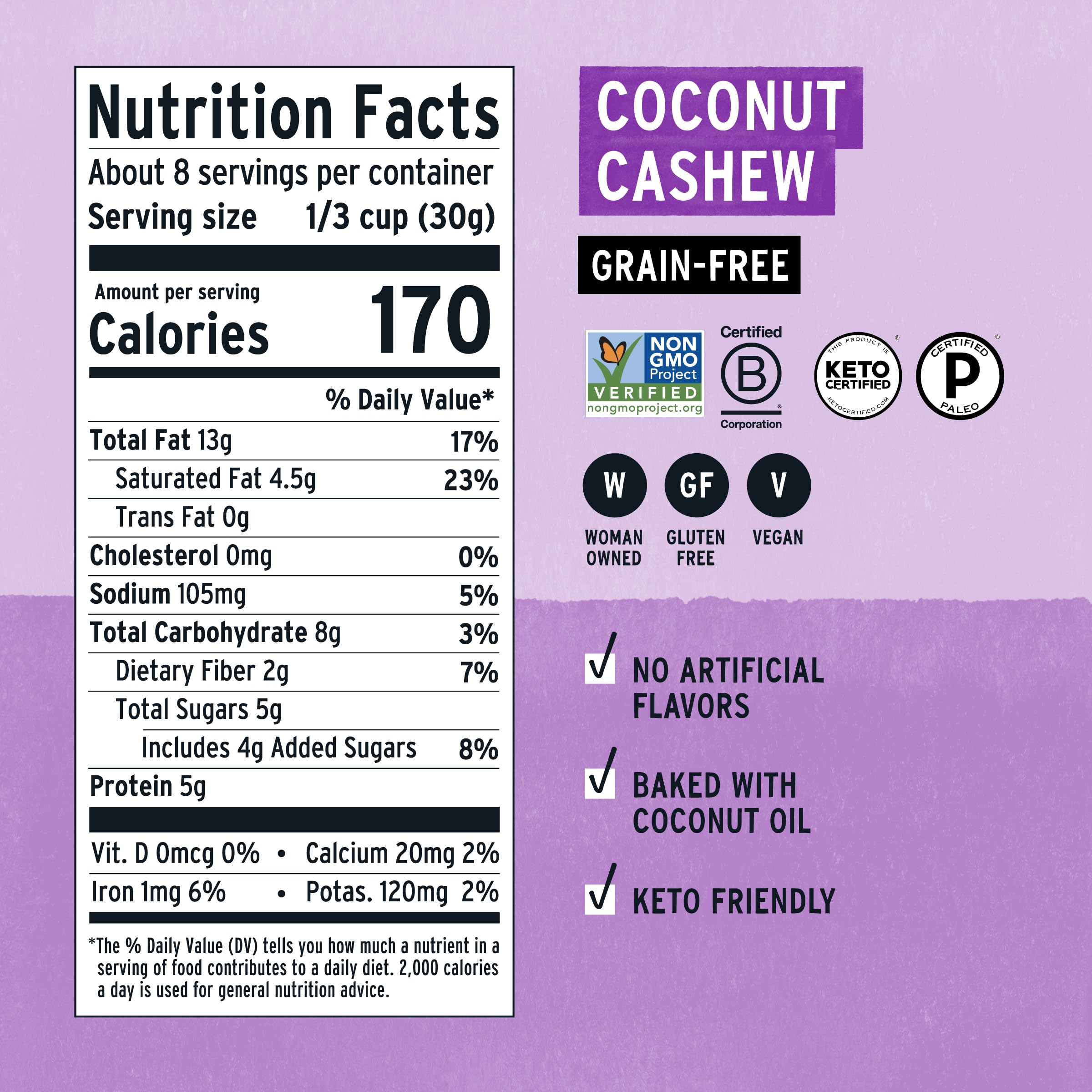 Purely Elizabeth Coconut Cashew Keto Granola clusters in a bowl, paleo-friendly texture.