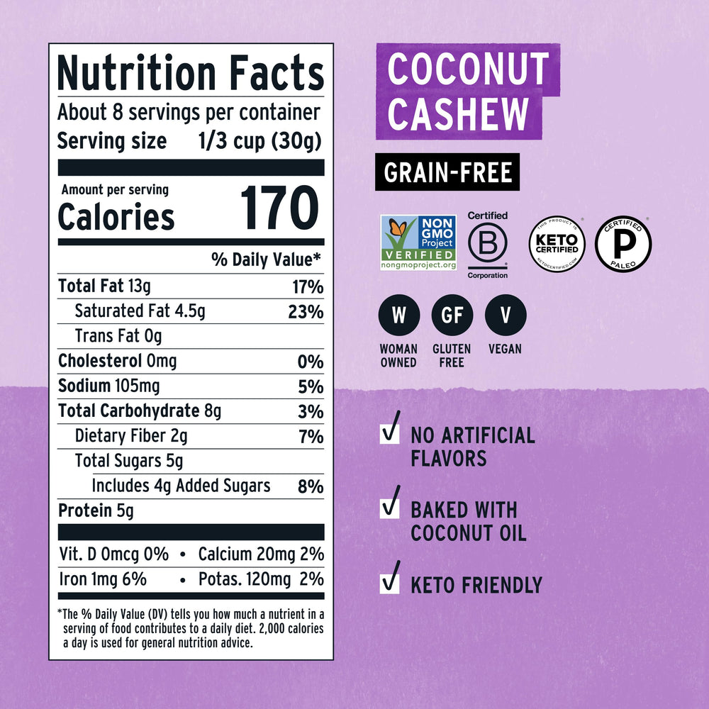 Purely Elizabeth Coconut Cashew Keto Granola clusters in a bowl, paleo-friendly texture.