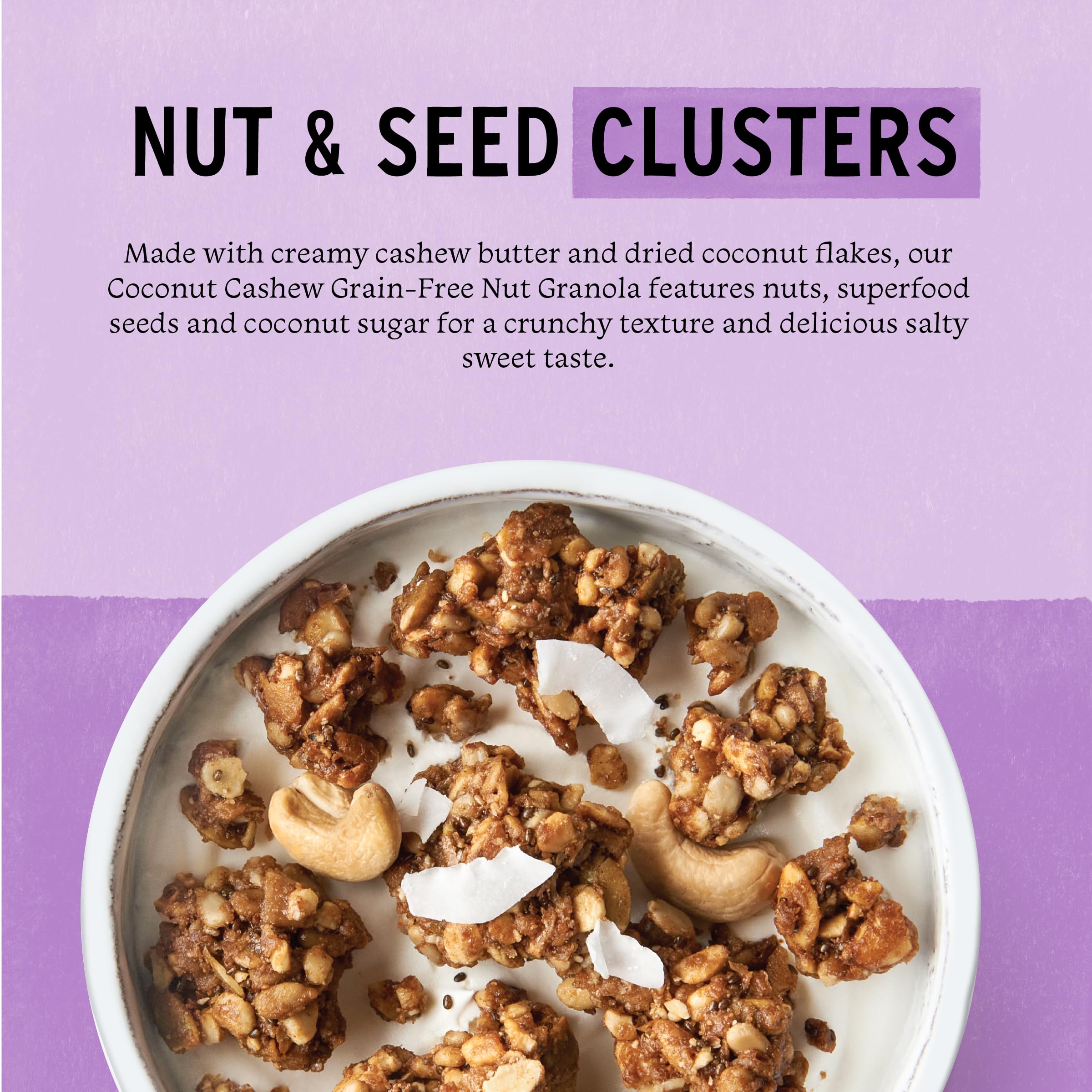 Purely Elizabeth Coconut Cashew Keto Granola with dried coconut chunks highlighting natural sweetness for a quick breakfast.