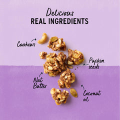Purely Elizabeth Coconut Cashew Keto Granola seeds and cashew butter swirl, ideal yogurt topping.