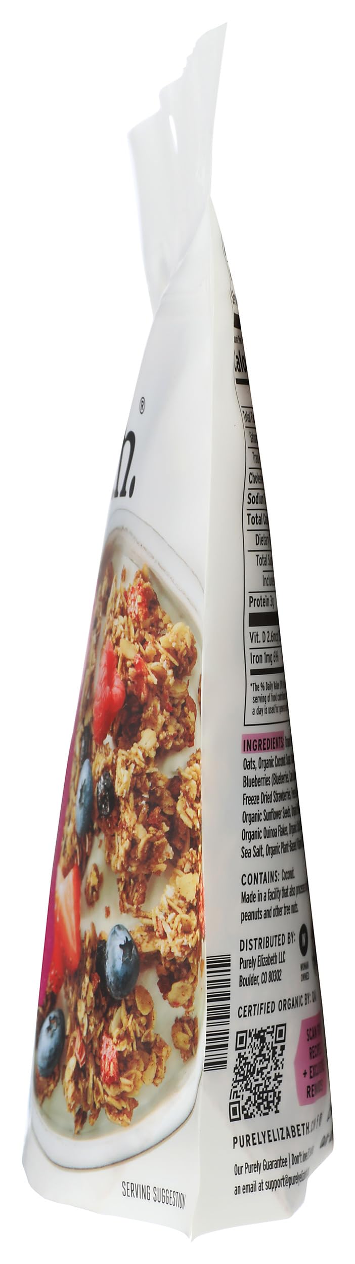 Coconut oil baked granola with golden edges from Purely Elizabeth Berry Crisp, ideal for snacking.