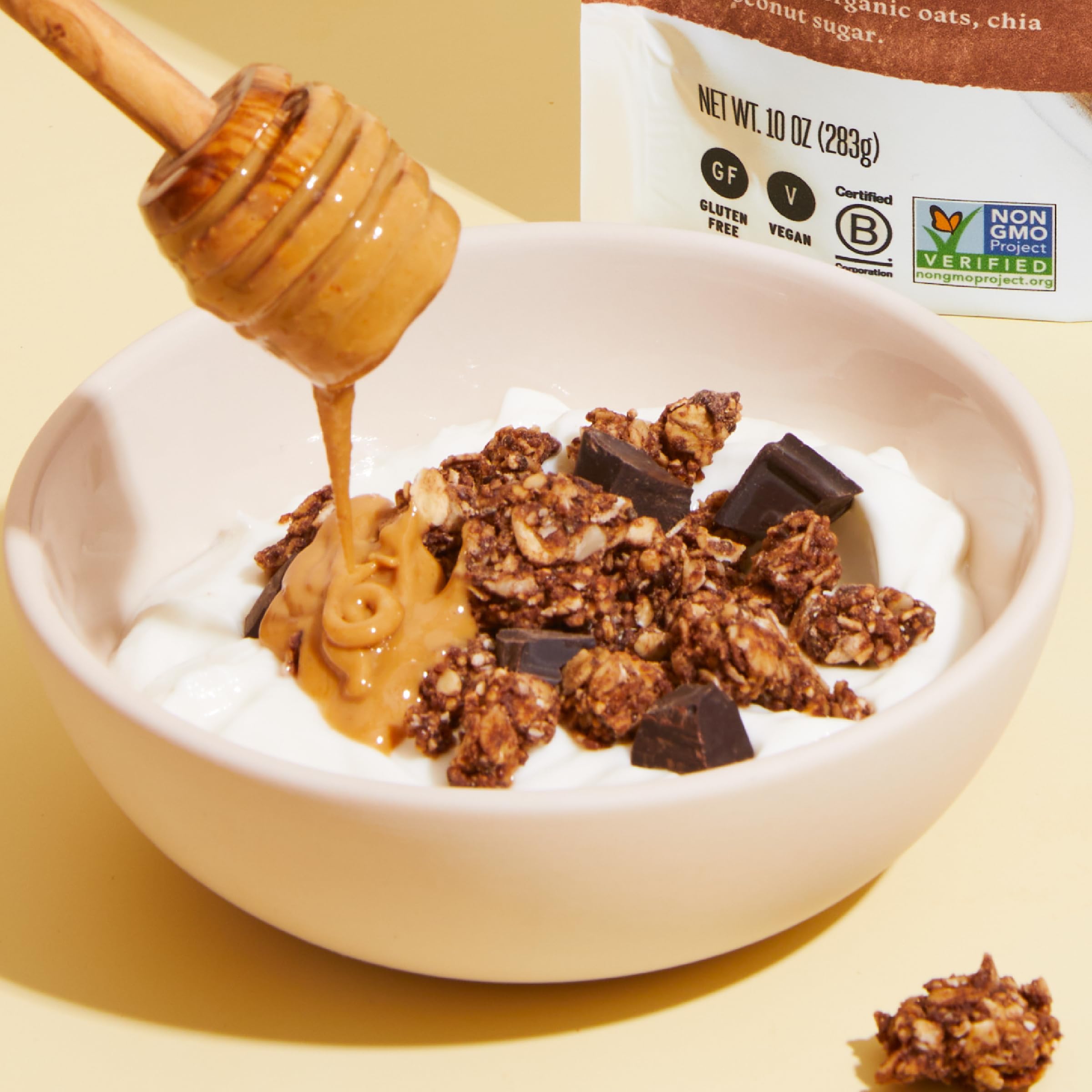 Purely Elizabeth coconut sugar sweetness note on granola packaging.