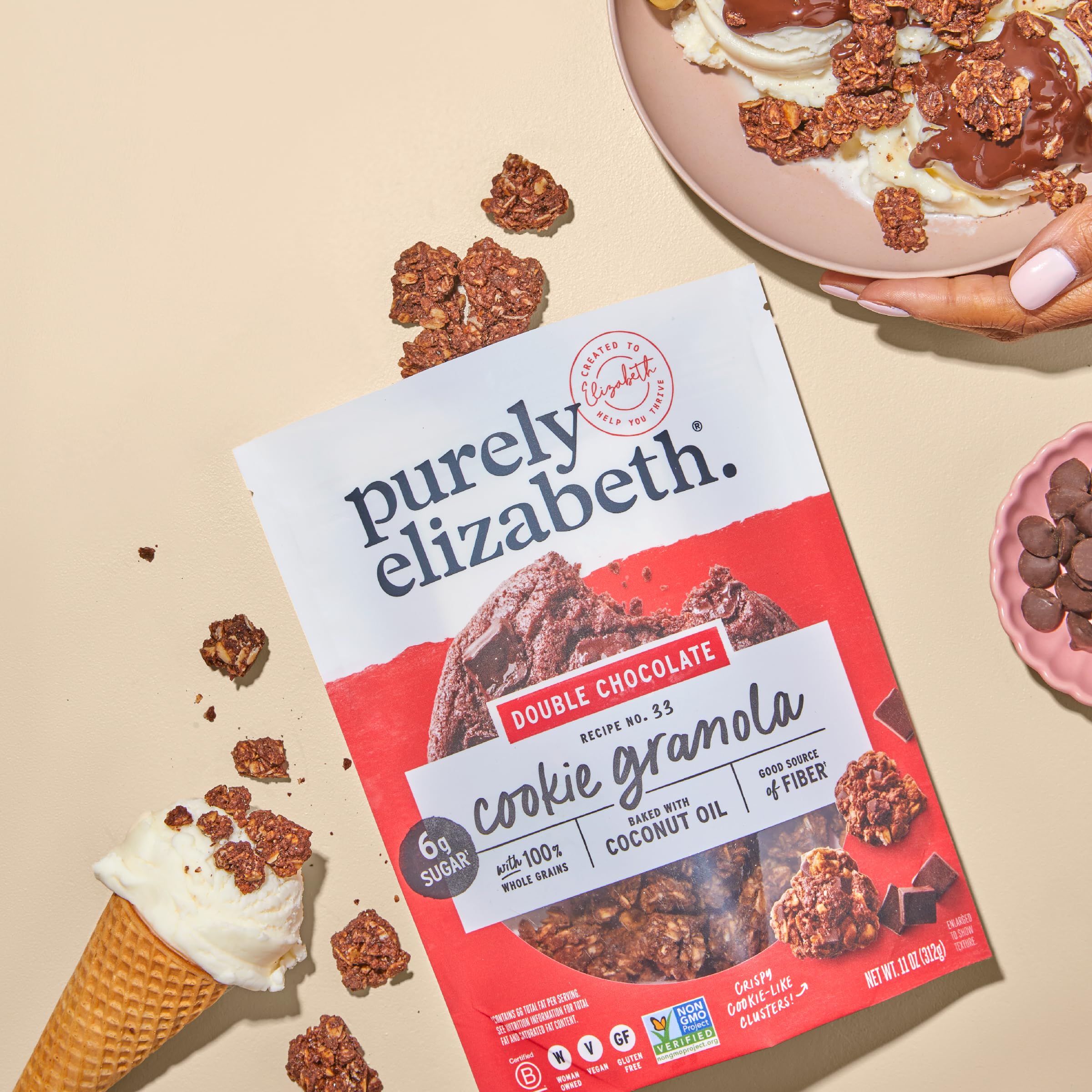 Purely Elizabeth Chocolate Chip granola close-up, toasted edges and glossy oats.