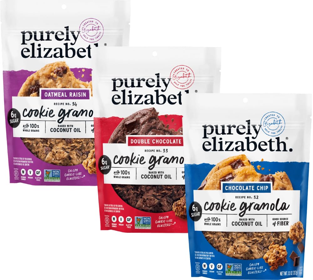 Purely Elizabeth Double Chocolate cookie granola 11oz bag, a crave-worthy breakfast or snack option.