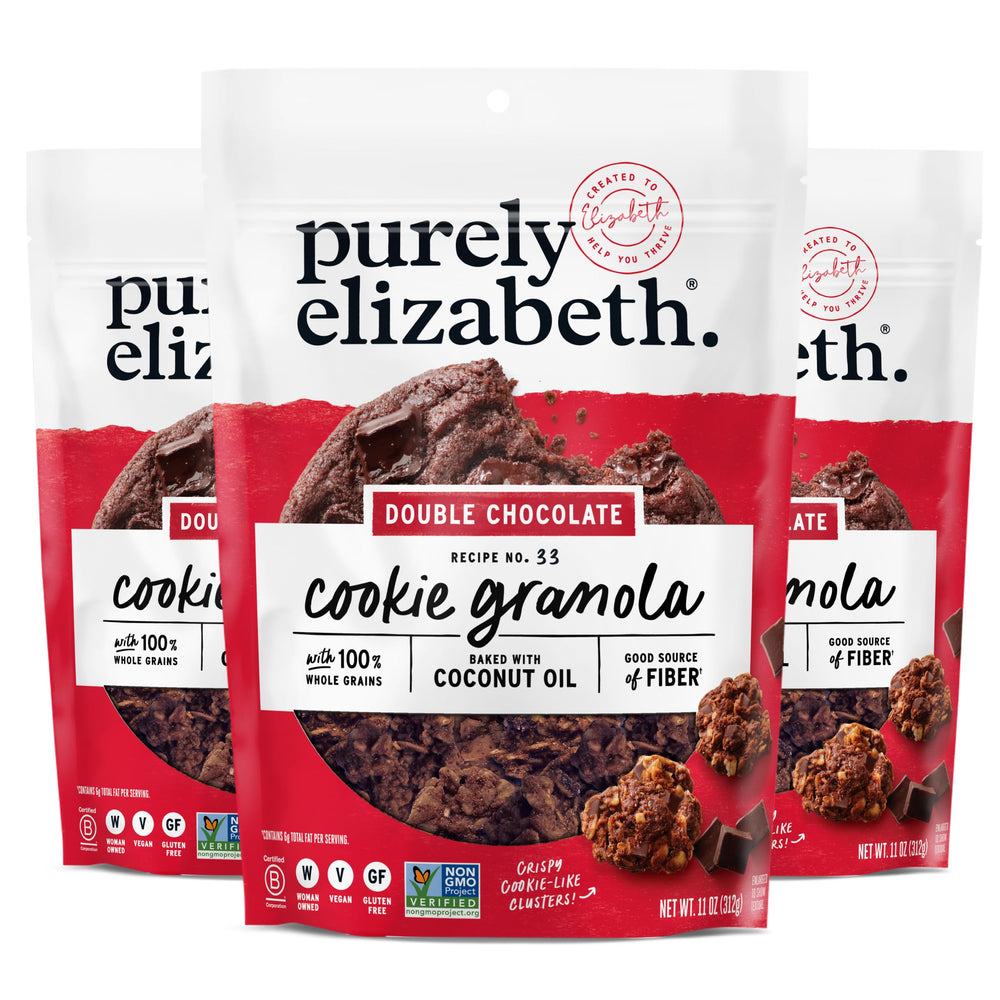 Purely Elizabeth Double Chocolate Cookie Granola bag 11oz, ideal for on-the-go breakfasts