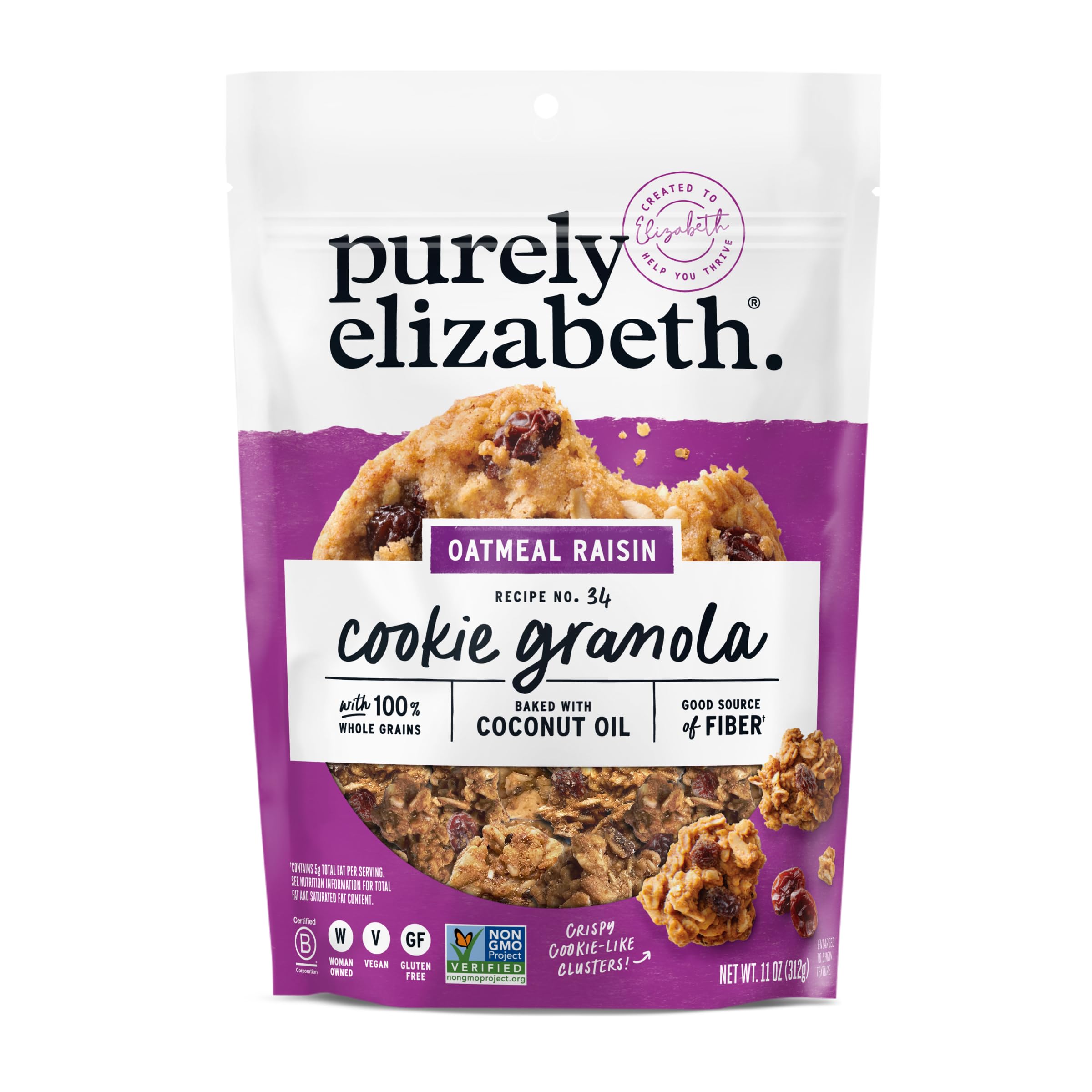Purely Elizabeth Cookie Granola Oatmeal Raisin bag front highlights premium ingredients for snacking