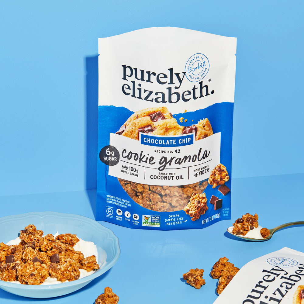 Purely Elizabeth Oatmeal Raisin cookie granola 11oz bag, fiber-rich crunch.
