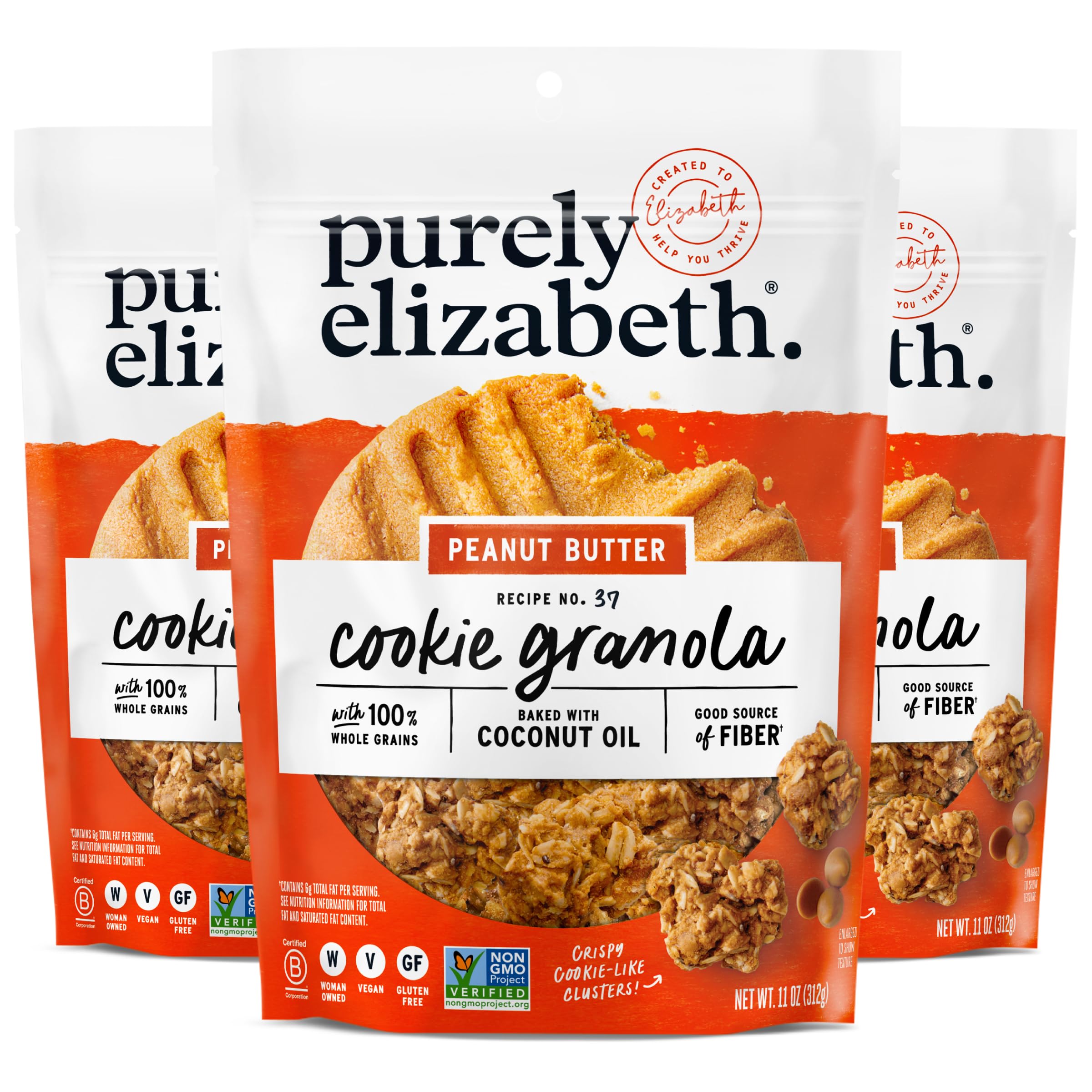 Purely Elizabeth Cookie Granola Peanut Butter bag front, gluten-free and ready to snack