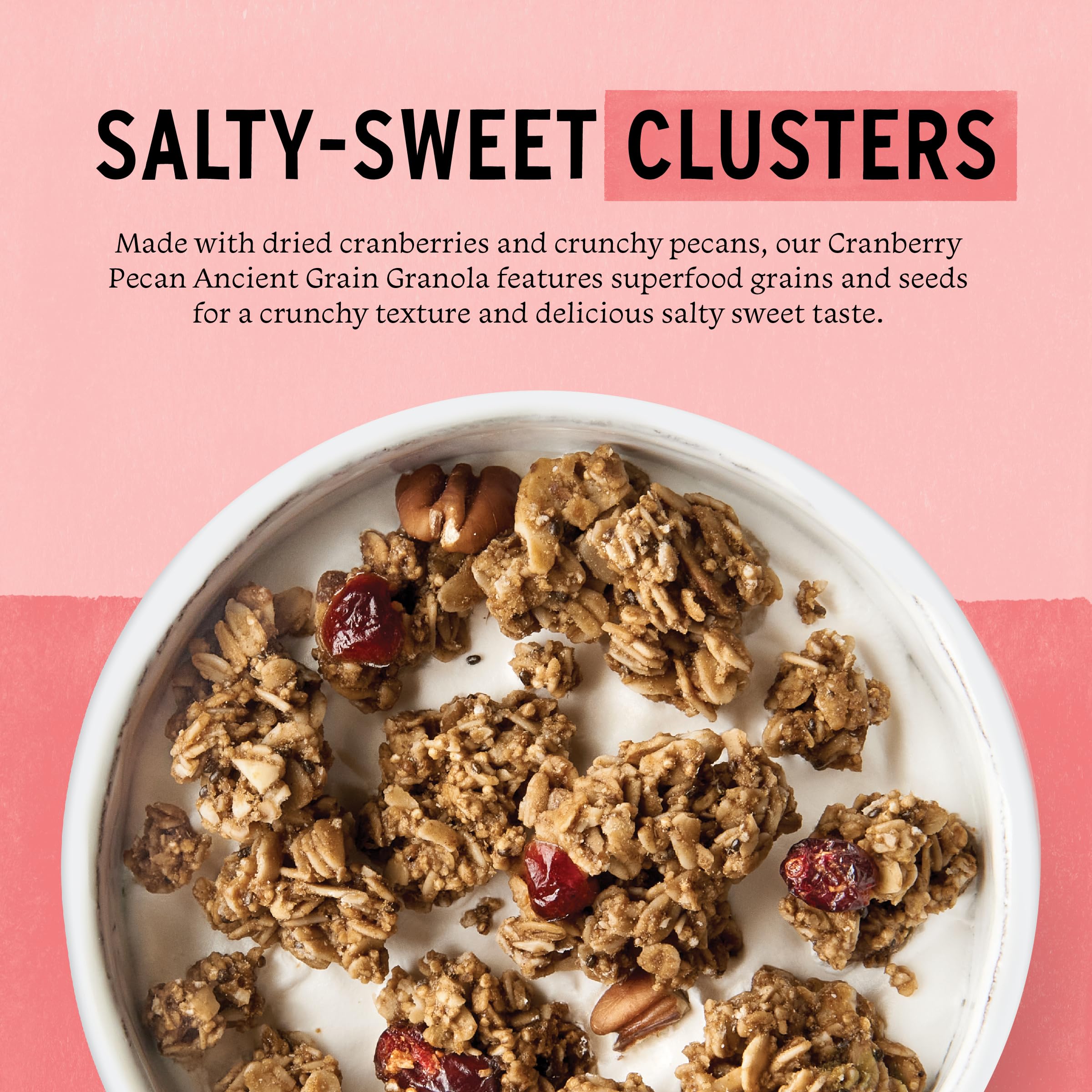 Cranberries and roasted pecans in ancient grain granola with seeds
