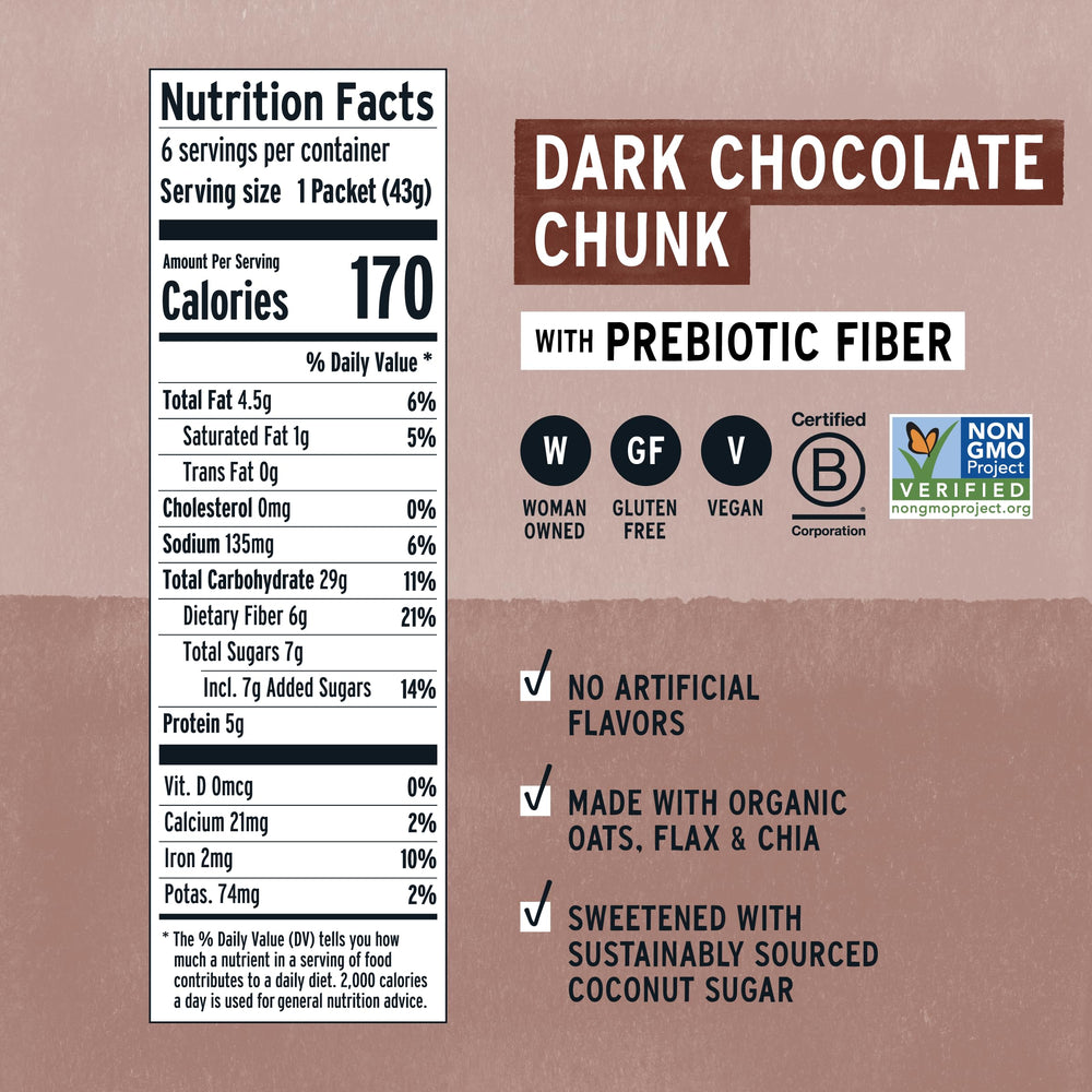 Purely Elizabeth Dark Chocolate Chunk oatmeal serving bowl showcases a wholesome breakfast.