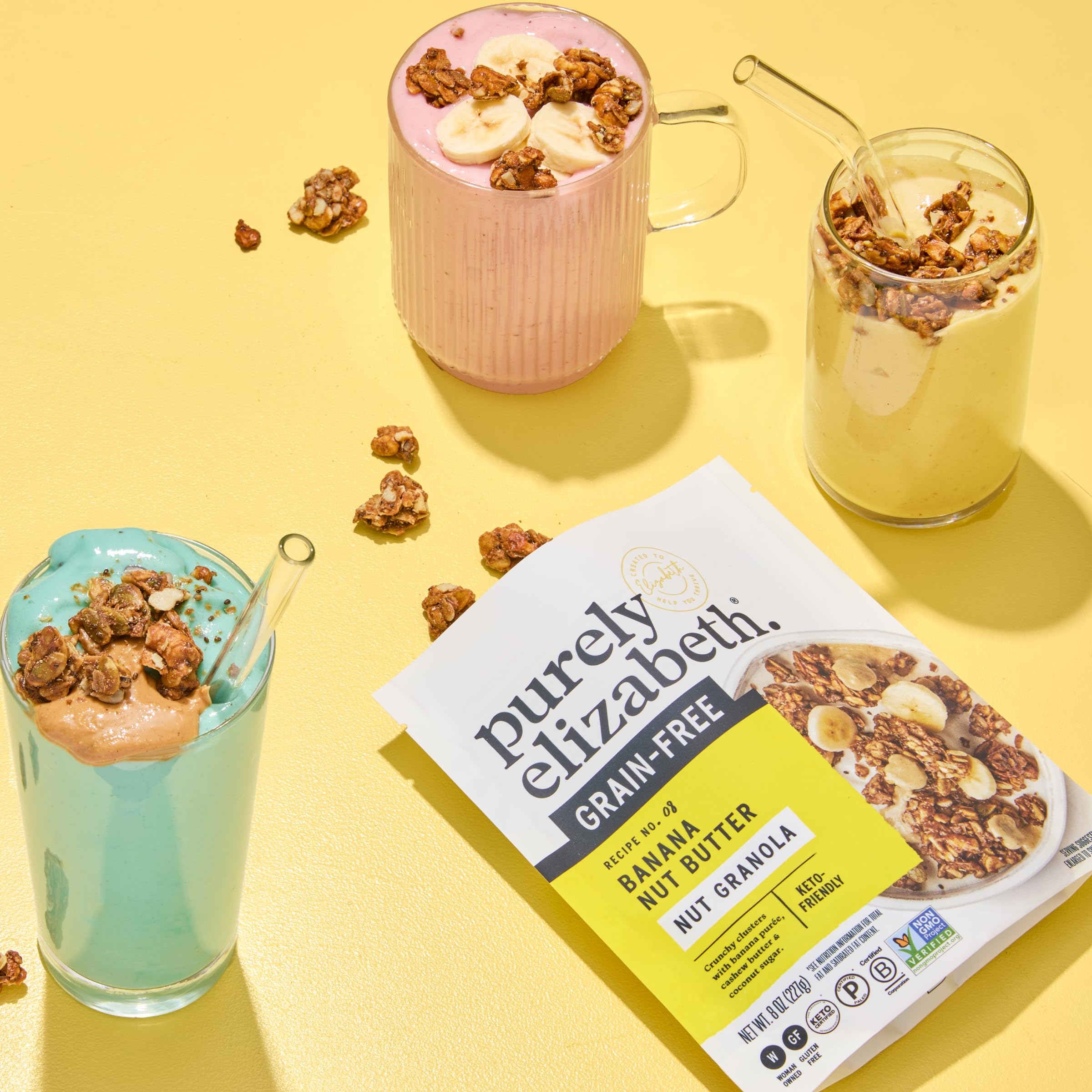 Purely Elizabeth gluten-free and non-GMO ingredients on the card.