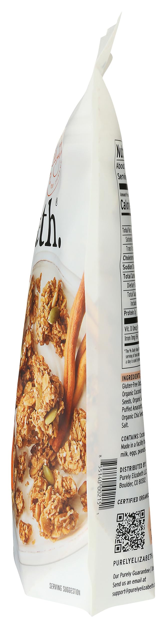 Gluten-free and vegan certification icons beside Purely Elizabeth packaging