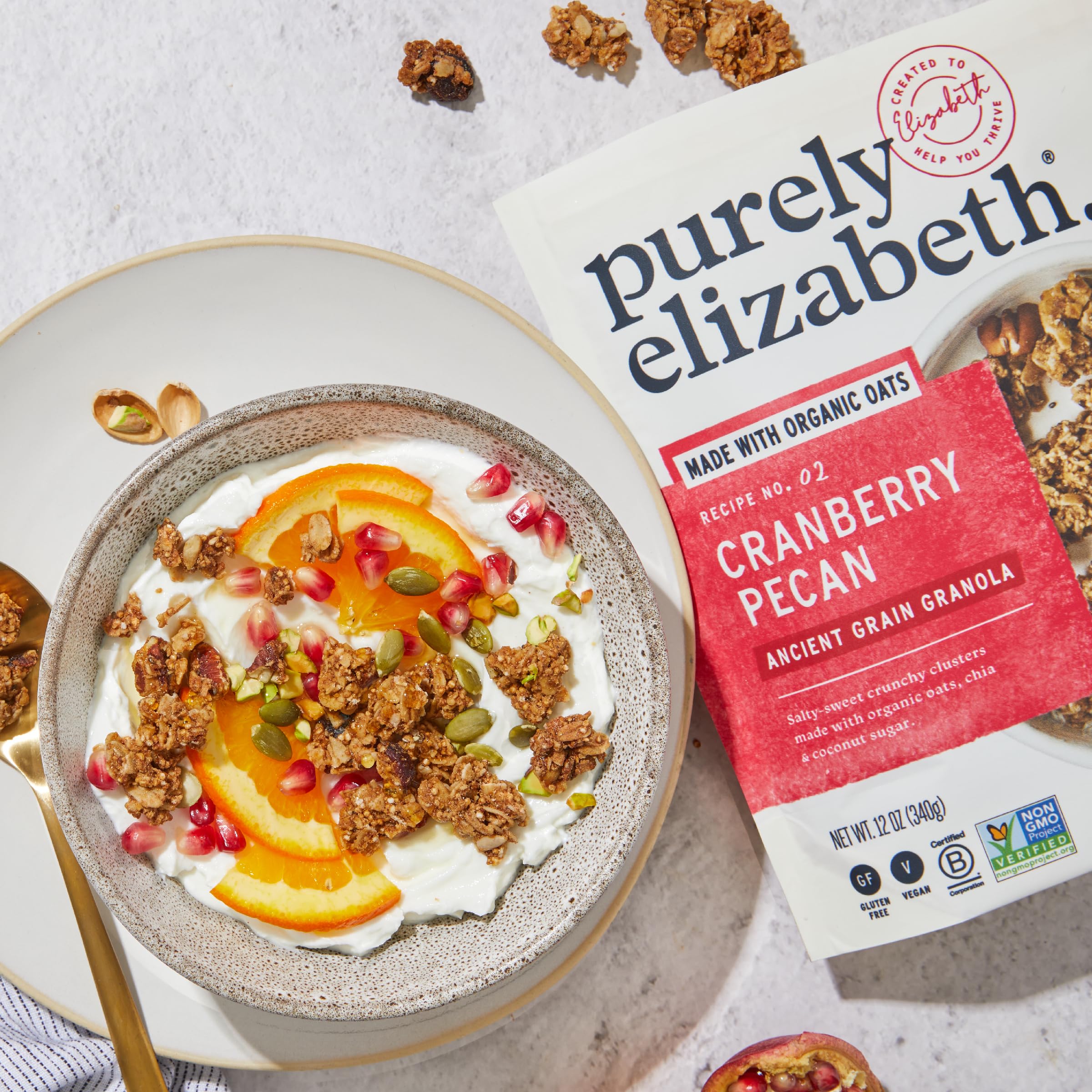 Purely Elizabeth gluten-free vegan label emphasizes plant-based snack choices.