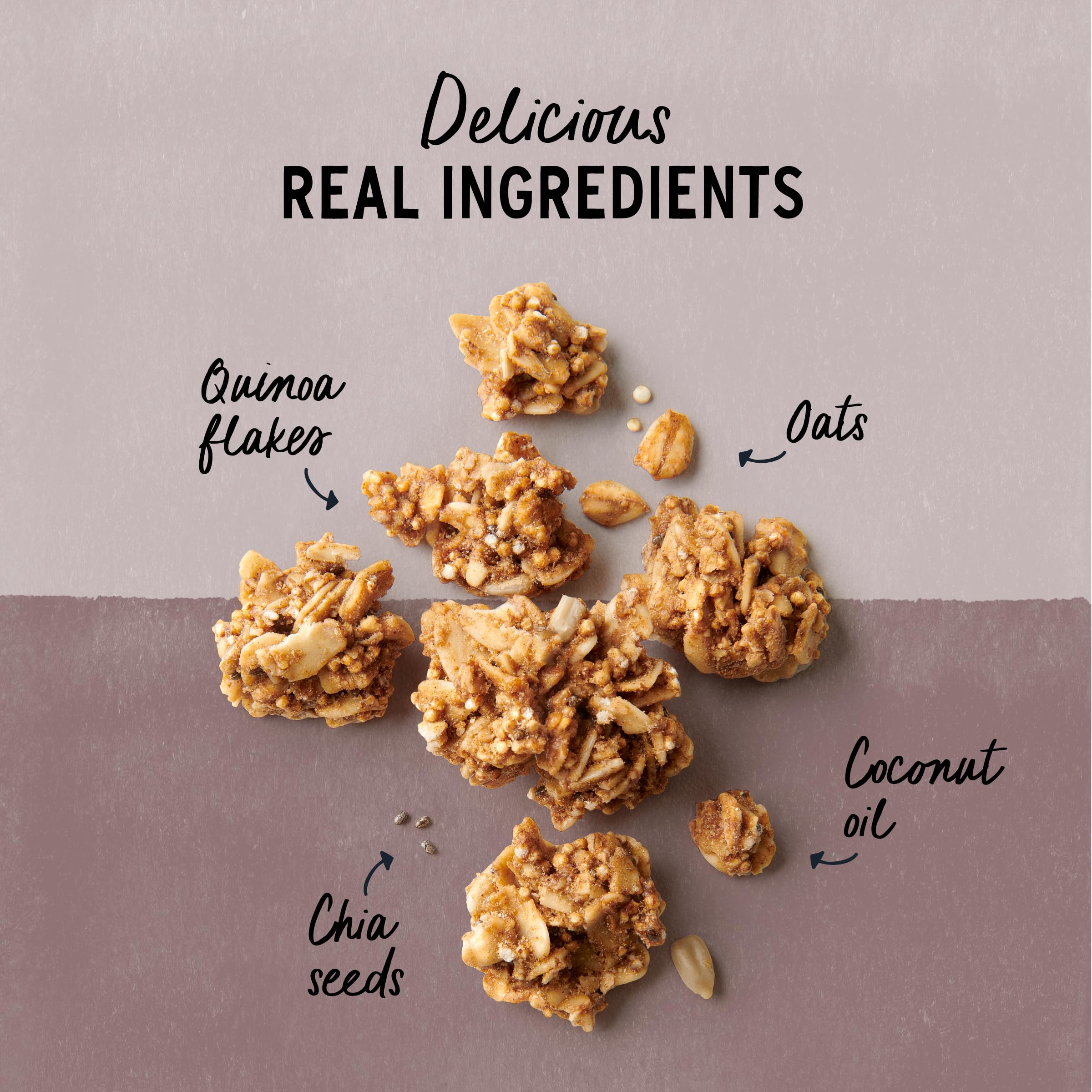 Purely Elizabeth gluten-free vegan granola bag close-up showing crunchy clusters.