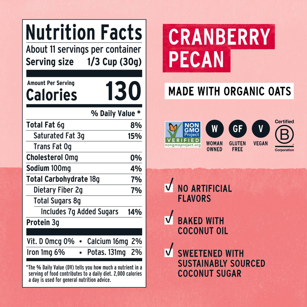 Purely Elizabeth granola bowl with cranberries and pecans for a hearty crunch.