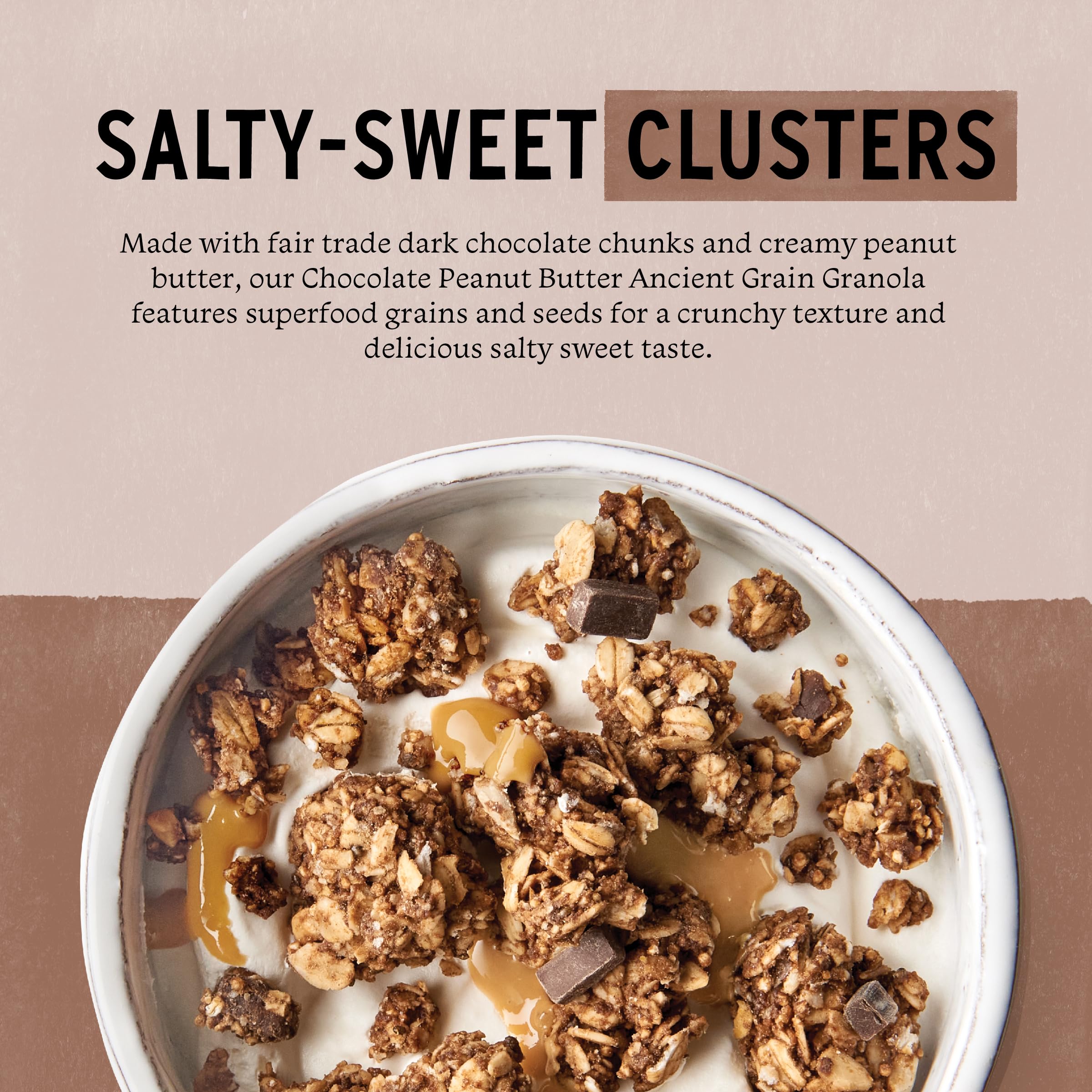 Purely Elizabeth granola closeup reveals chocolate chunks and seeds.