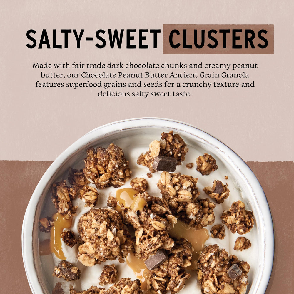 Purely Elizabeth granola closeup reveals chocolate chunks and seeds.