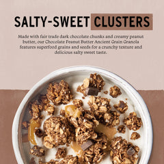 Purely Elizabeth granola closeup reveals chocolate chunks and seeds.