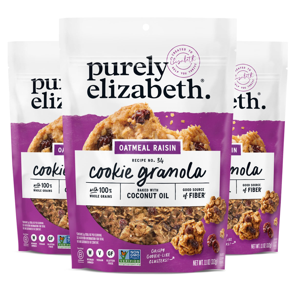Purely Elizabeth Granola Cookie Oatmeal Raisin 11 oz three-pack bags ready for snacking.