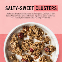 Purely Elizabeth granola ingredients closeup showing wholesome oats and seeds.
