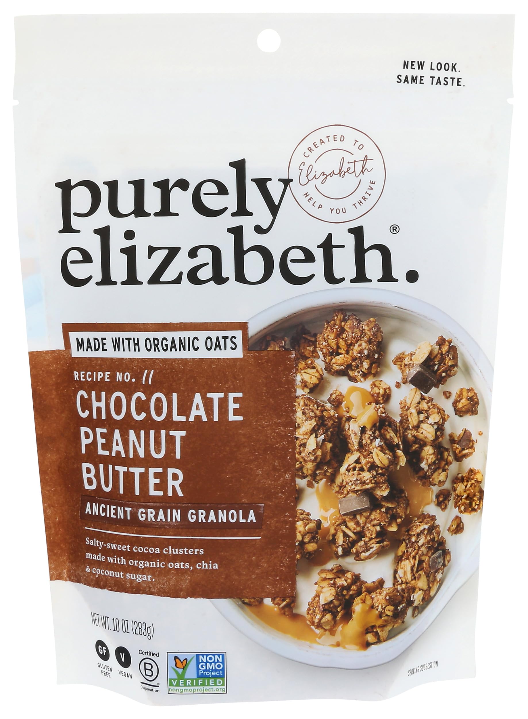 Purely Elizabeth granola nut butter chocolate bag close-up highlighting texture and flavor