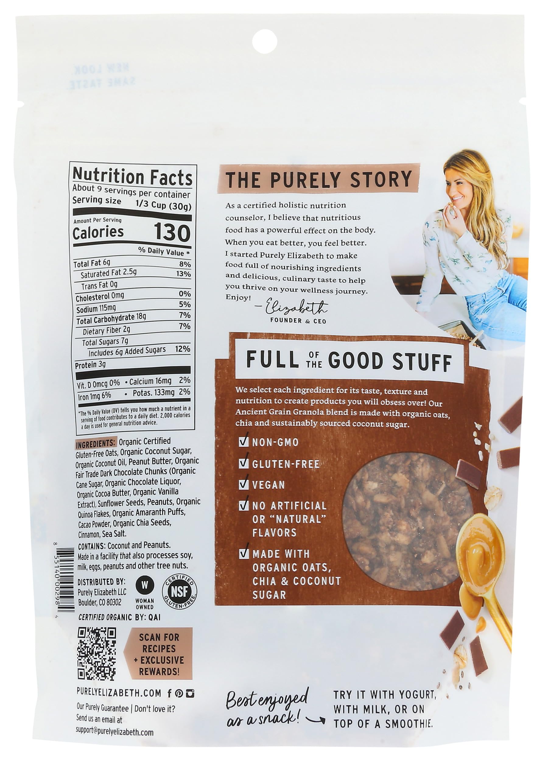 Purely Elizabeth granola nut butter chocolate chunks visible for rich, indulgent-snack vibes