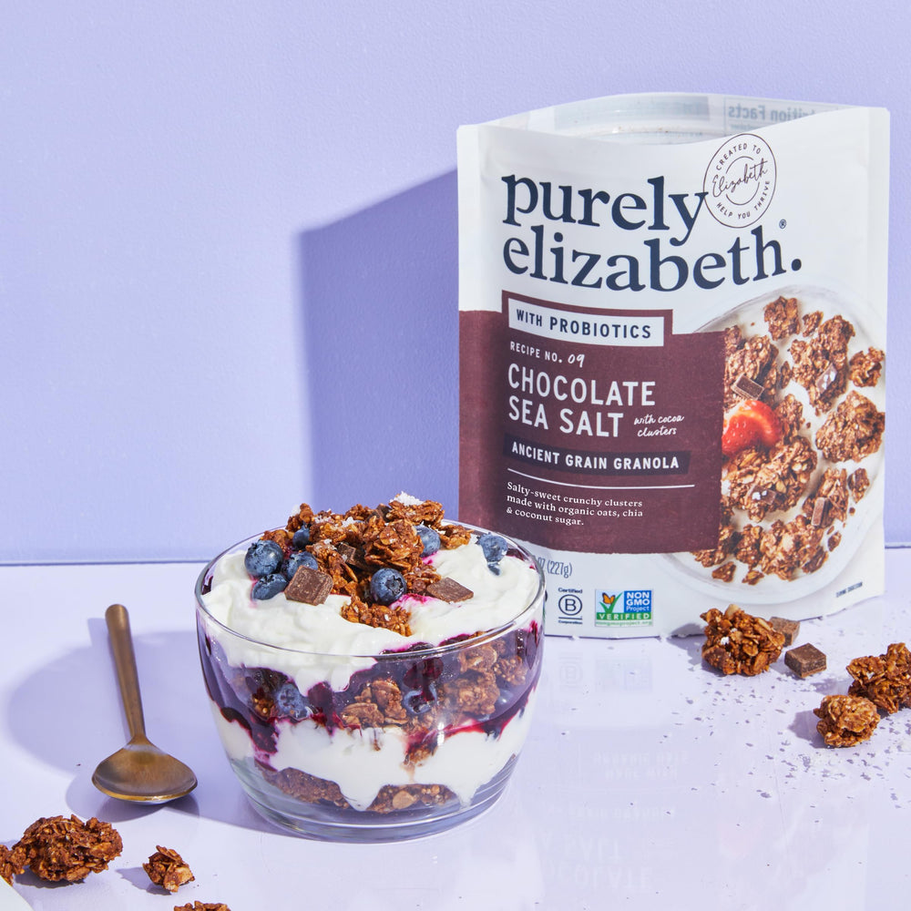 Purely Elizabeth Granola serving ideas image with fruit and yogurt toppings