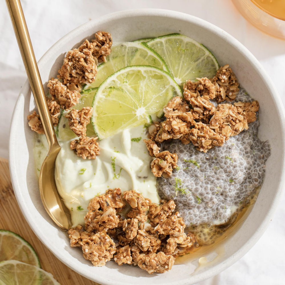 Purely Elizabeth granola with milk in a bowl, quick breakfast