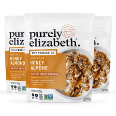 Purely Elizabeth Honey Almond Ancient Grain Granola bag, gluten-free snack option