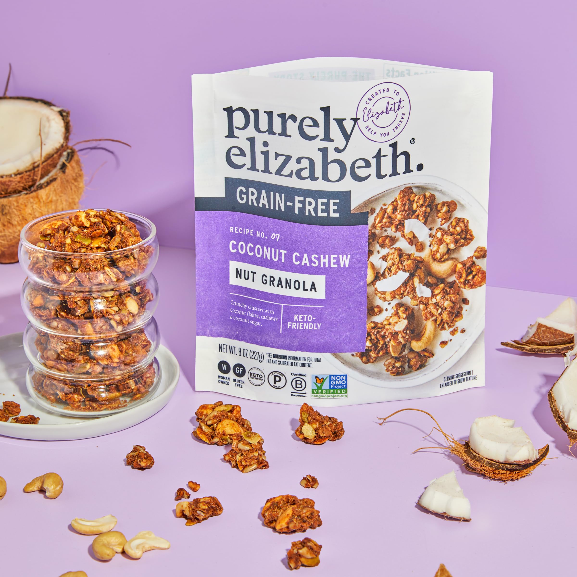 Purely Elizabeth Keto Coconut Cashew Granola, tropical crunch for a quick snack.
