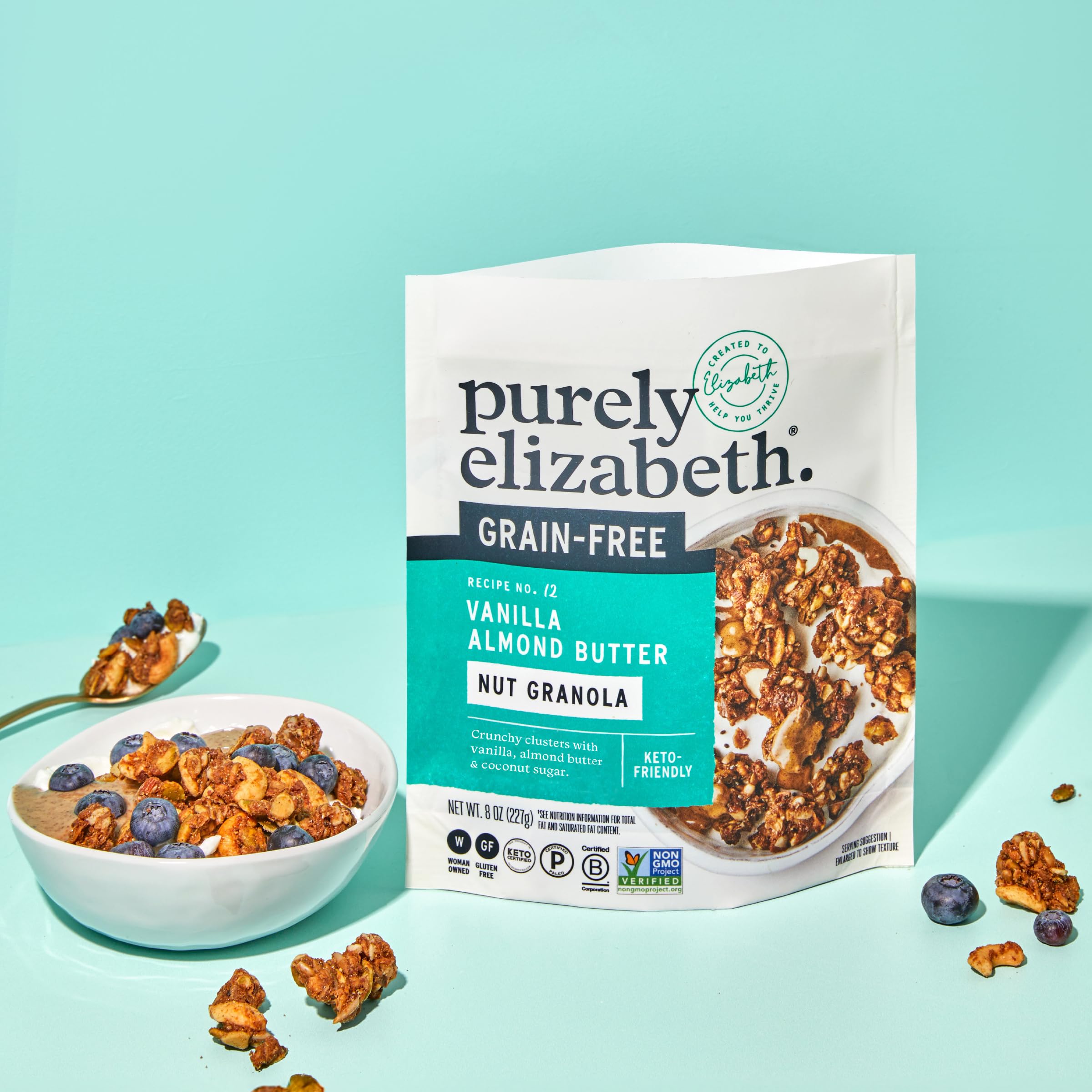 Close-up of Purely Elizabeth Keto Granola clusters, ideal topping for bowls.