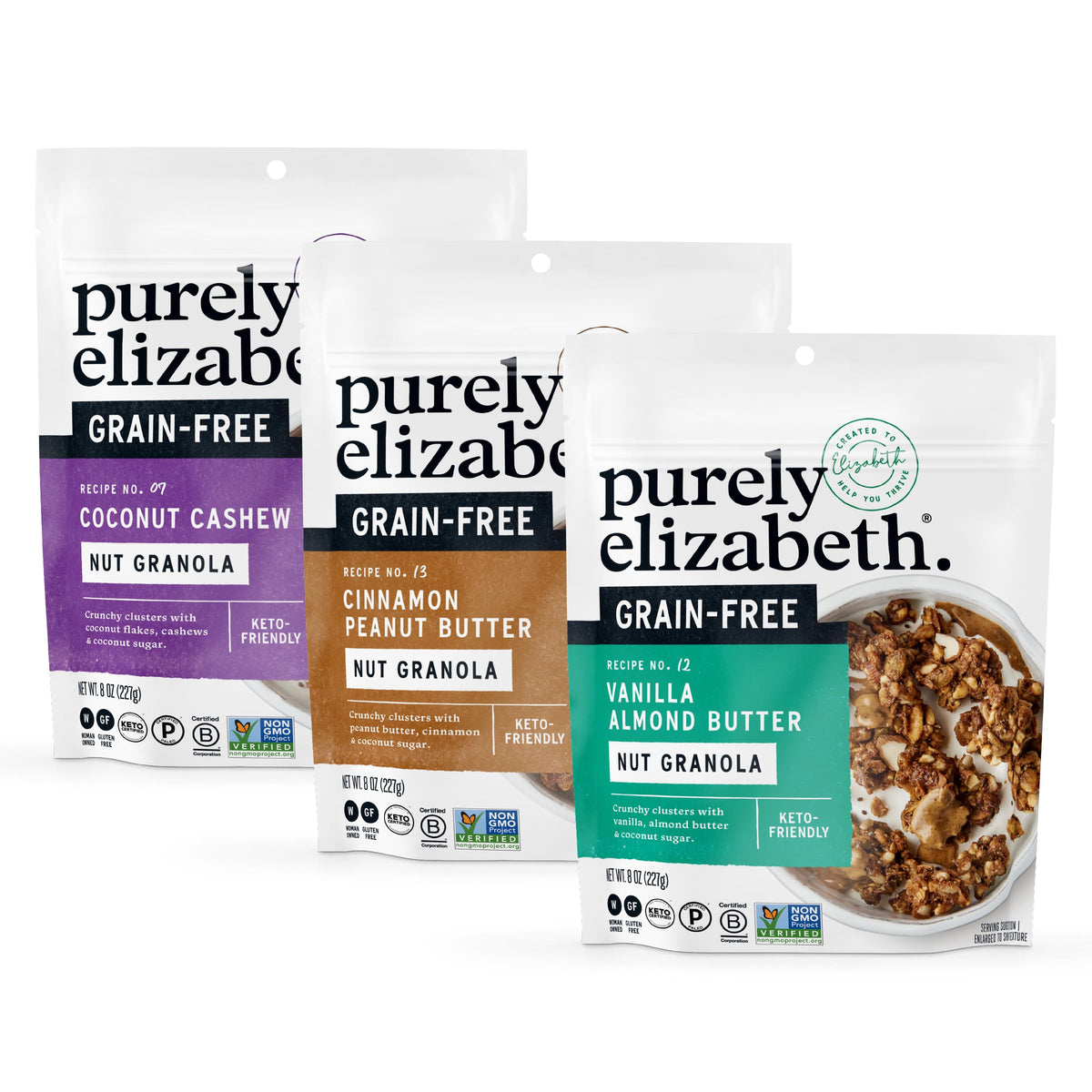 Purely Elizabeth Keto Vanilla Almond Butter Granola in bag, grain-free crunch for on-the-go snacking.