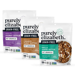 Purely Elizabeth Keto Vanilla Almond Butter Granola in bag, grain-free crunch for on-the-go snacking.